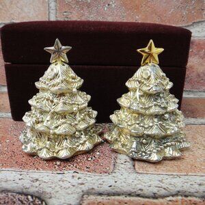 Godinger Silver Christmas Tree Salt & Pepper Shakers Silver-Plated Red Box